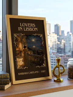 Lovers In Lisbon Classic Book Art Print by Barbara Cartland – framed print on a city-view windowsill