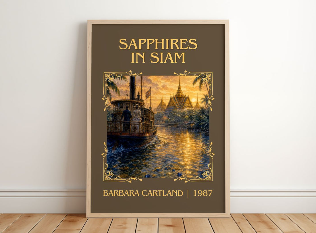 Sapphires In Siam Classic Book Art Print by Barbara Cartland – framed print leaning on a wooden floor