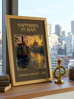 Sapphires In Siam Classic Book Art Print by Barbara Cartland – framed print on a city-view windowsill