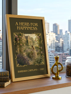A Herb For Happiness Classic Book Art Print by Barbara Cartland – framed print on a city-view windowsill
