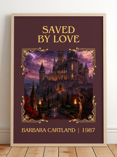 Saved By Love Classic Book Art Print by Barbara Cartland – framed print leaning on a wooden floor