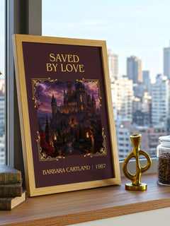 Saved By Love Classic Book Art Print by Barbara Cartland – framed print on a city-view windowsill