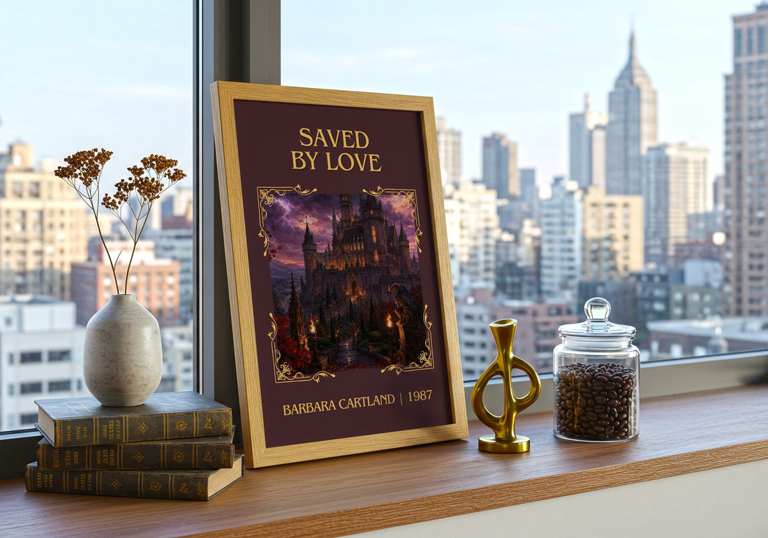 Saved By Love Classic Book Art Print by Barbara Cartland – framed print on a city-view windowsill