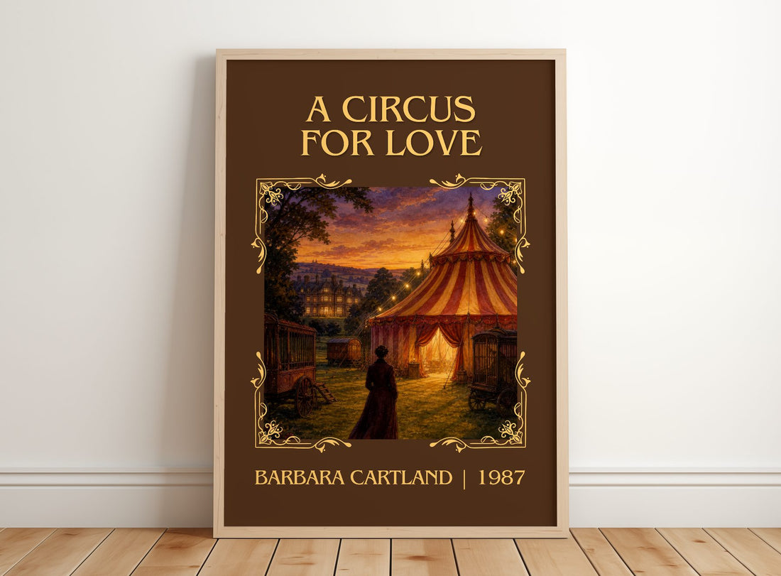 A Circus For Love Classic Book Art Print by Barbara Cartland – framed print leaning on a wooden floor