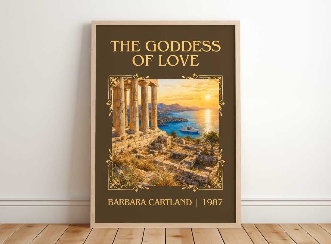 The Goddess Of Love Classic Book Art Print by Barbara Cartland – framed print leaning on a wooden floor