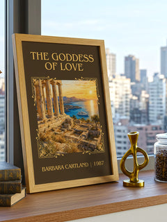 The Goddess Of Love Classic Book Art Print by Barbara Cartland – framed print on a city-view windowsill