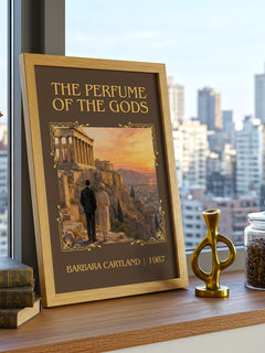 The Perfume Of The Gods Classic Book Art Print by Barbara Cartland – framed print on a city-view windowsill