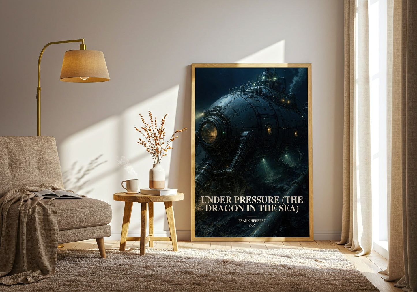 Under Pressure (The Dragon In The Sea) watercolour print in frame leaning in hallway – sci fi wall art