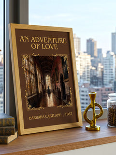 An Adventure Of Love Classic Book Art Print by Barbara Cartland – framed print on a city-view windowsill