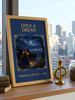 Only A Dream Classic Book Art Print by Barbara Cartland – framed print on a city-view windowsill