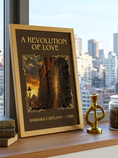 A Revolution Of Love Classic Book Art Print by Barbara Cartland – framed print on a city-view windowsill
