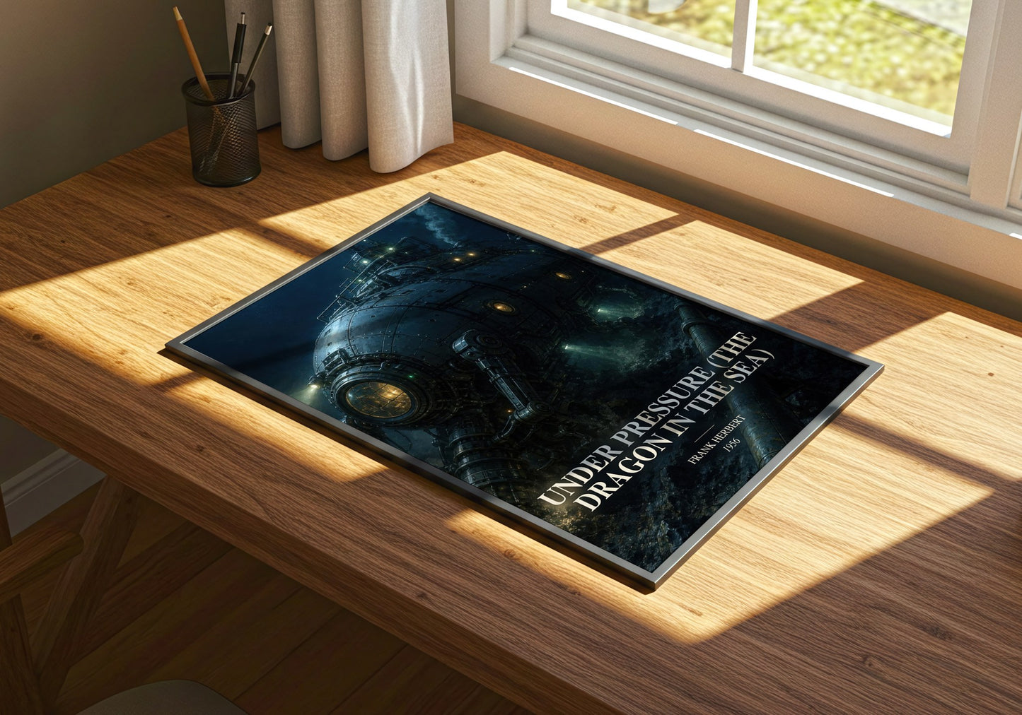 Under Pressure (The Dragon In The Sea) watercolour book poster framed on wall – sci fi wall art