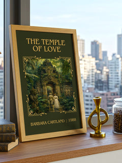 The Temple Of Love Classic Book Art Print by Barbara Cartland – framed print on a city-view windowsill