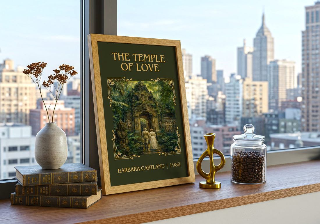 The Temple Of Love Classic Book Art Print by Barbara Cartland – framed print on a city-view windowsill
