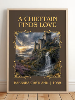 A Chieftain Finds Love Classic Book Art Print by Barbara Cartland – framed print leaning on a wooden floor