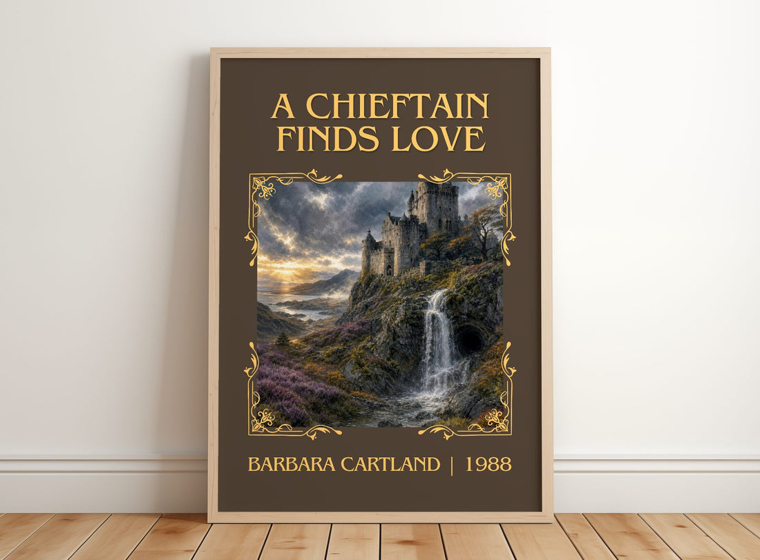 A Chieftain Finds Love Classic Book Art Print by Barbara Cartland – framed print leaning on a wooden floor