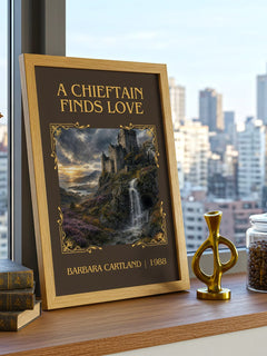 A Chieftain Finds Love Classic Book Art Print by Barbara Cartland – framed print on a city-view windowsill