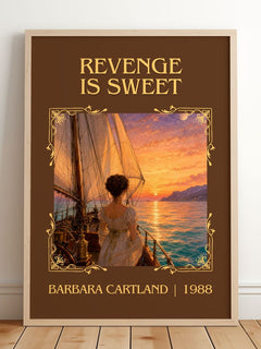 Revenge Is Sweet Classic Book Art Print by Barbara Cartland – framed print leaning on a wooden floor