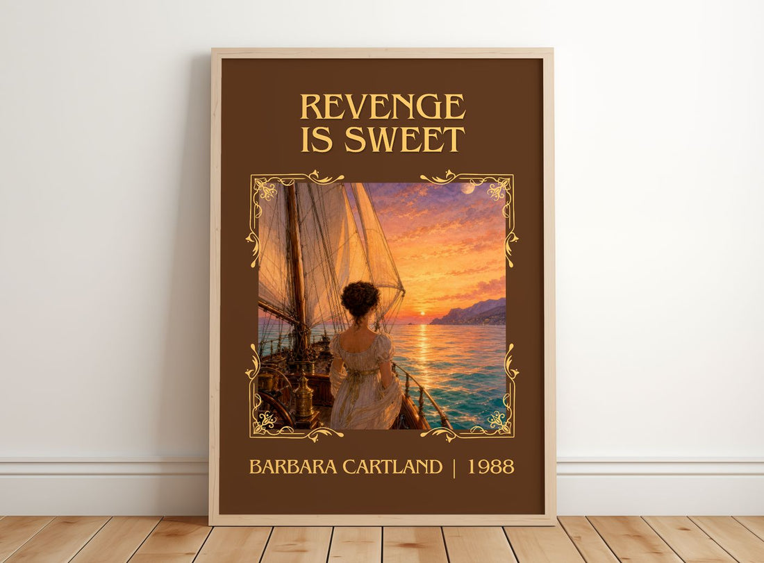 Revenge Is Sweet Classic Book Art Print by Barbara Cartland – framed print leaning on a wooden floor