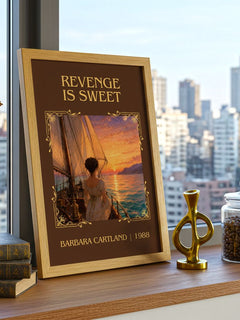 Revenge Is Sweet Classic Book Art Print by Barbara Cartland – framed print on a city-view windowsill