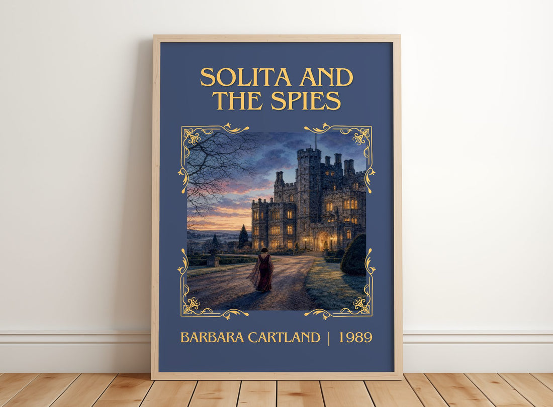 Solita And The Spies Classic Book Art Print by Barbara Cartland – framed print leaning on a wooden floor