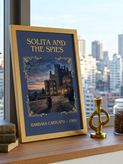 Solita And The Spies Classic Book Art Print by Barbara Cartland – framed print on a city-view windowsill