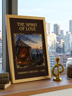 The Spirit Of Love Classic Book Art Print by Barbara Cartland – framed print on a city-view windowsill