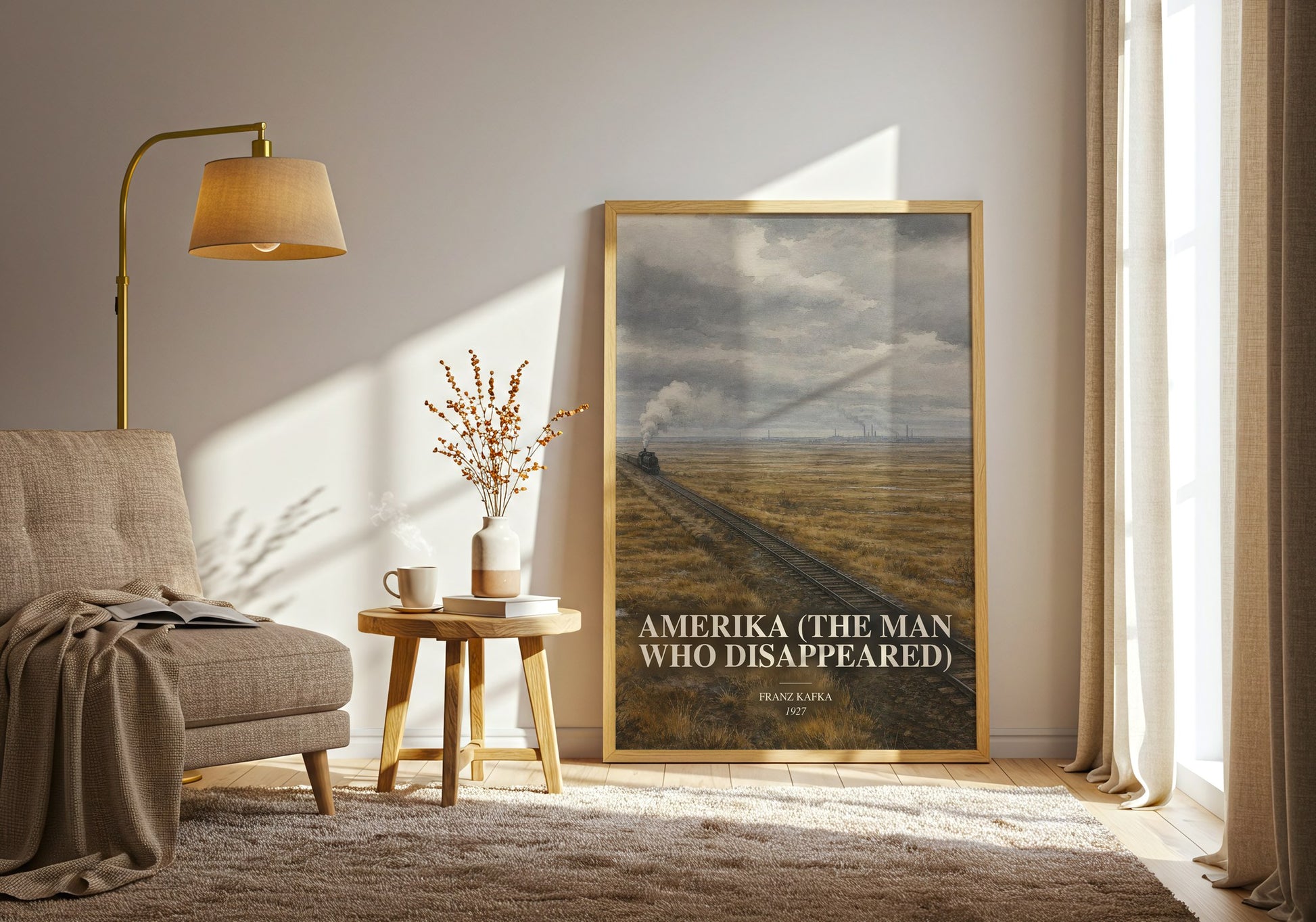 Amerika (The Man Who Disappeared) watercolour print in frame leaning in hallway – literary fiction wall art