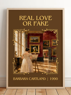 Real Love Or Fake Classic Book Art Print by Barbara Cartland – framed print leaning on a wooden floor