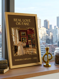 Real Love Or Fake Classic Book Art Print by Barbara Cartland – framed print on a city-view windowsill
