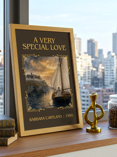 A Very Special Love Classic Book Art Print by Barbara Cartland – framed print on a city-view windowsill