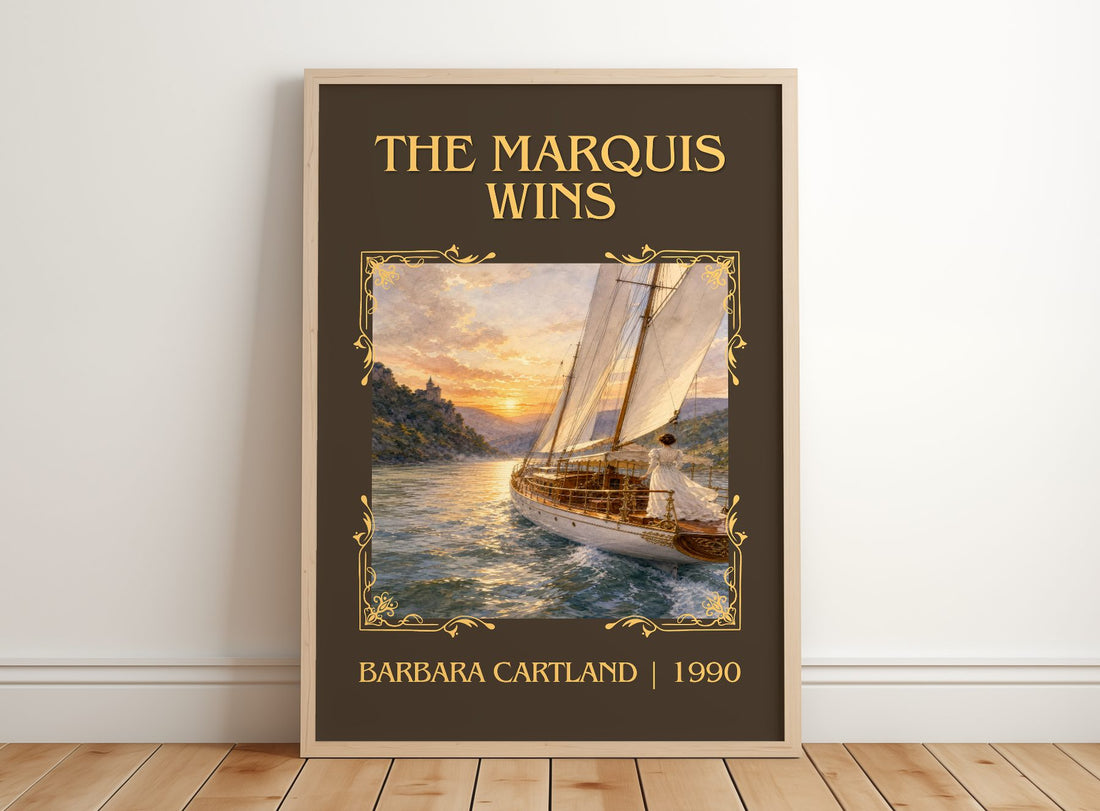 The Marquis Wins Classic Book Art Print by Barbara Cartland – framed print leaning on a wooden floor
