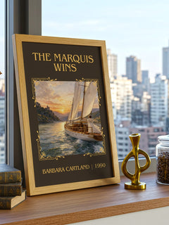 The Marquis Wins Classic Book Art Print by Barbara Cartland – framed print on a city-view windowsill