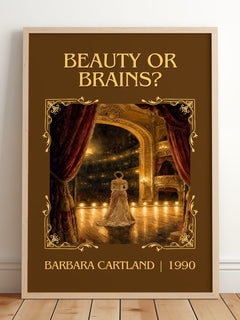 Beauty Or Brains? Classic Book Art Print by Barbara Cartland – framed print leaning on a wooden floor