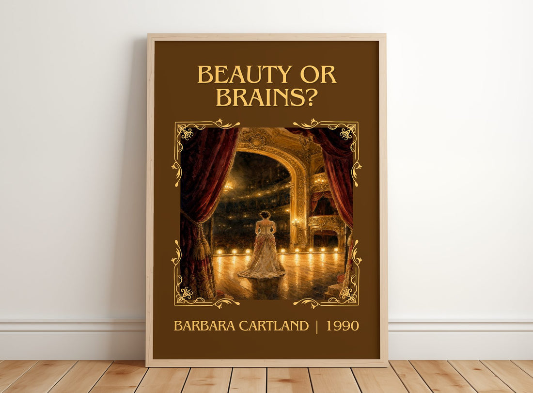 Beauty Or Brains? Classic Book Art Print by Barbara Cartland – framed print leaning on a wooden floor