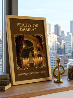 Beauty Or Brains? Classic Book Art Print by Barbara Cartland – framed print on a city-view windowsill
