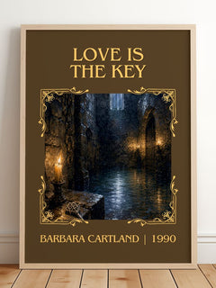 Love Is The Key Classic Book Art Print by Barbara Cartland – framed print leaning on a wooden floor