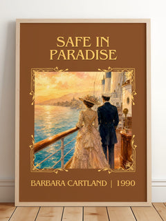 Safe In Paradise Classic Book Art Print by Barbara Cartland – framed print leaning on a wooden floor