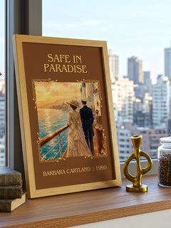 Safe In Paradise Classic Book Art Print by Barbara Cartland – framed print on a city-view windowsill