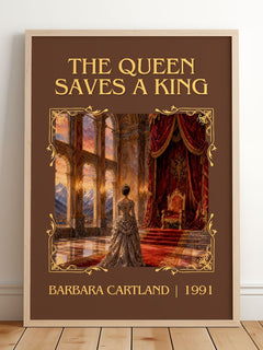 The Queen Saves A King Classic Book Art Print by Barbara Cartland – framed print leaning on a wooden floor