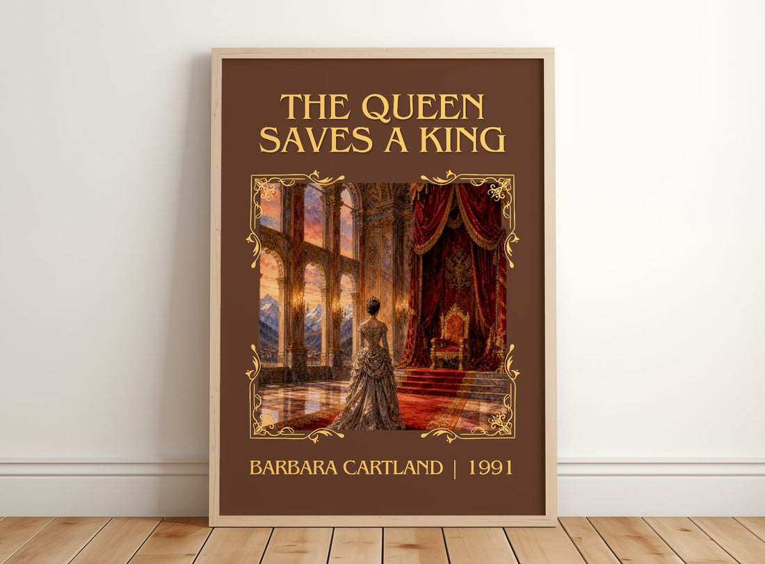 The Queen Saves A King Classic Book Art Print by Barbara Cartland – framed print leaning on a wooden floor
