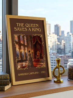 The Queen Saves A King Classic Book Art Print by Barbara Cartland – framed print on a city-view windowsill