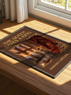 The Queen Saves A King Classic Book Art Print by Barbara Cartland – print on a sunlit desk