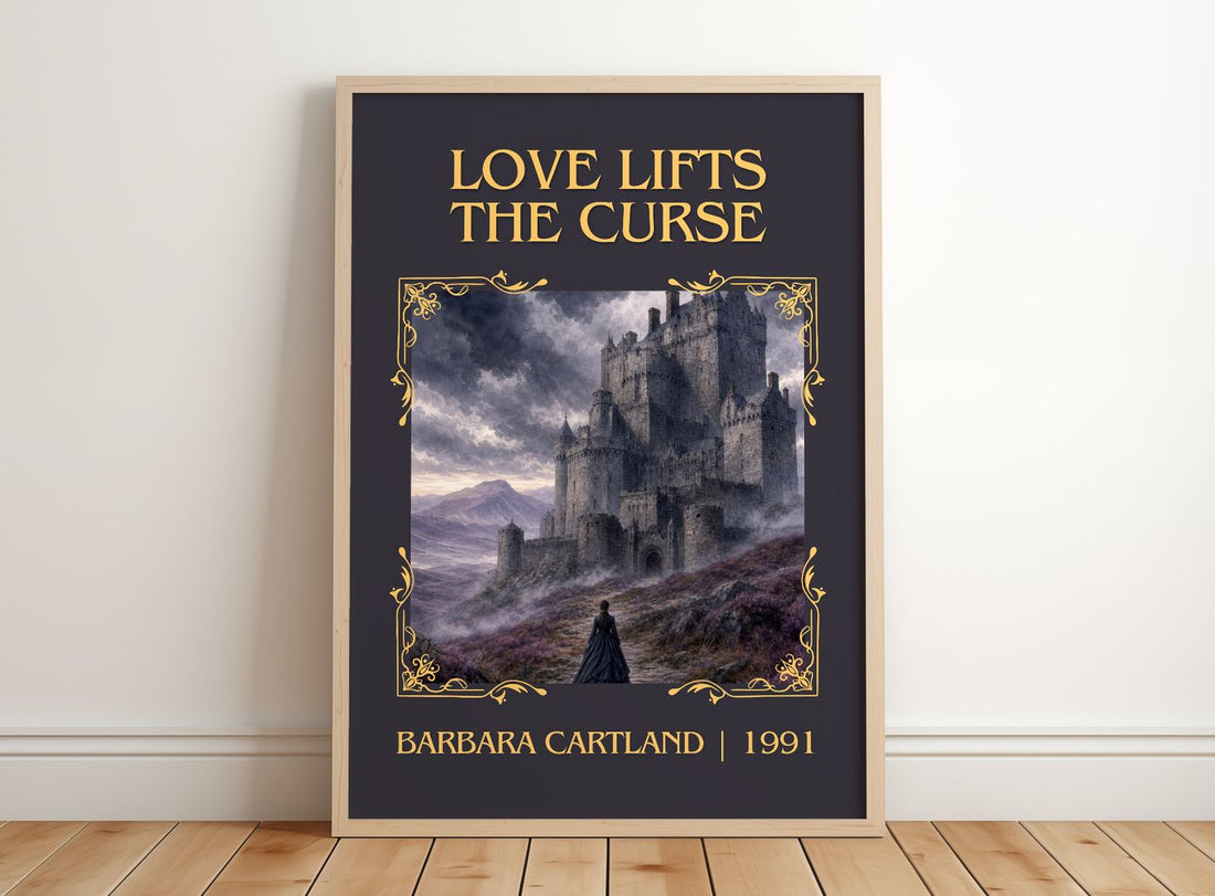 Love Lifts The Curse Classic Book Art Print by Barbara Cartland – framed print leaning on a wooden floor