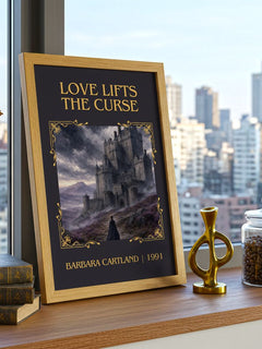 Love Lifts The Curse Classic Book Art Print by Barbara Cartland – framed print on a city-view windowsill