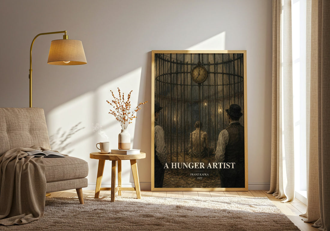 A Hunger Artist watercolour print in frame leaning in hallway – literary fiction wall art (mockup)