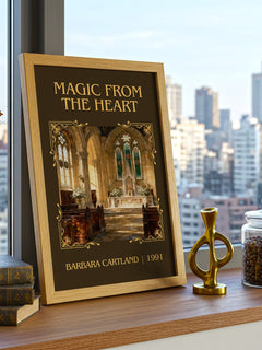 Magic From The Heart Classic Book Art Print by Barbara Cartland – framed print on a city-view windowsill