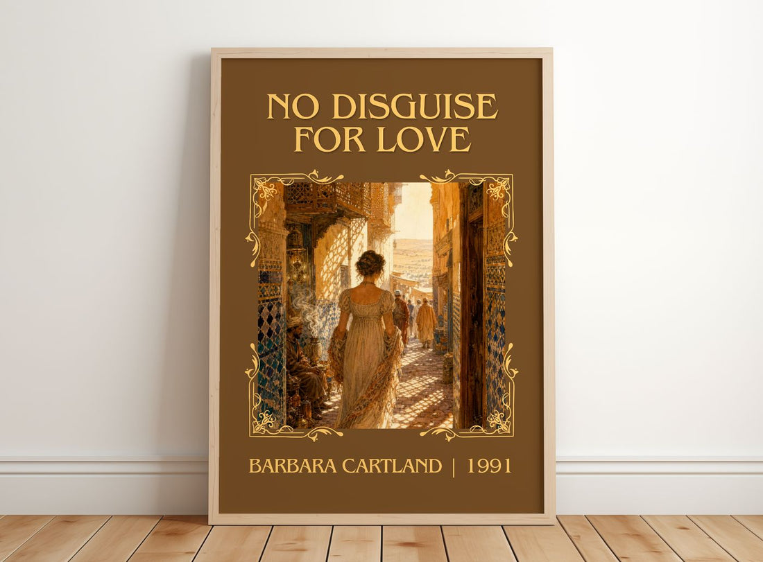 No Disguise For Love Classic Book Art Print by Barbara Cartland – framed print leaning on a wooden floor
