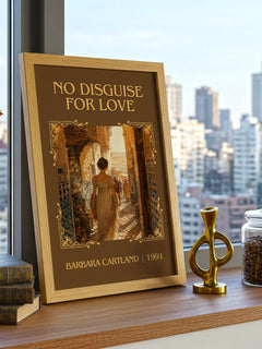 No Disguise For Love Classic Book Art Print by Barbara Cartland – framed print on a city-view windowsill
