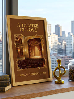A Theatre Of Love Classic Book Art Print by Barbara Cartland – framed print on a city-view windowsill